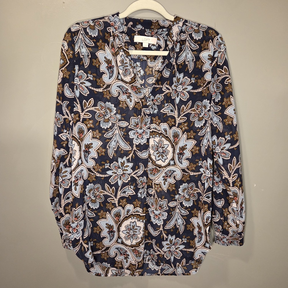 LOFT Ann Taylor Floral Print Long Sleeve Blouse Women's Size S Blue Green Multi